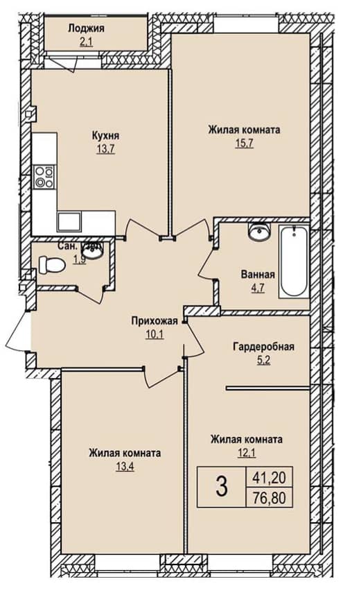 3-комнатная квартира | ЖК «Эволюция» | 41.2